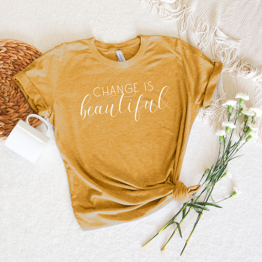 change is beautiful mustard yellow graphic inspirational tee shirt