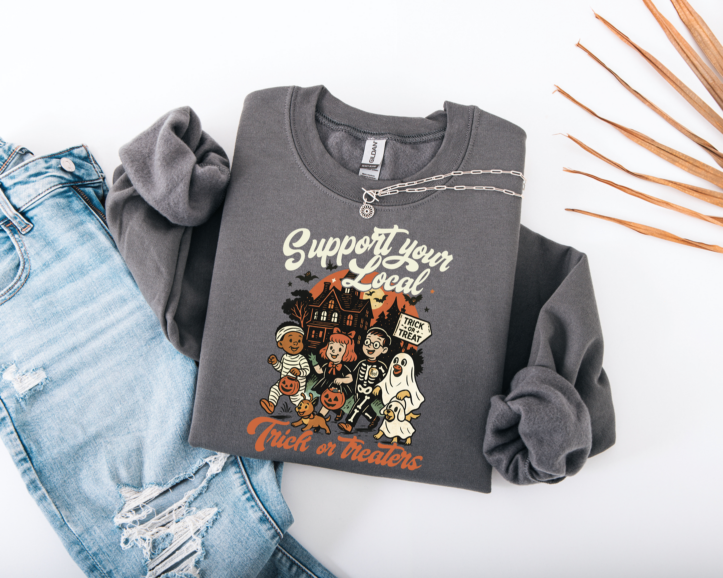 Support Local Trick Or Treaters Retro Halloween Crewneck Sweatshirt