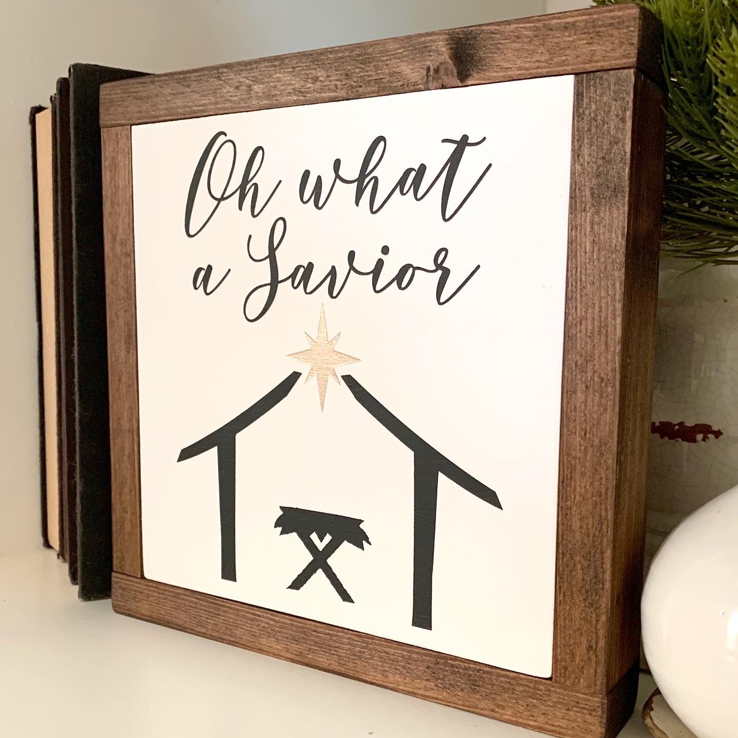 Oh What A Savior Nativity Framed Wood Sign
