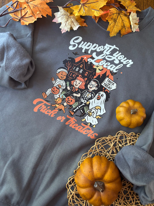 Support Local Trick Or Treaters Retro Halloween Crewneck Sweatshirt