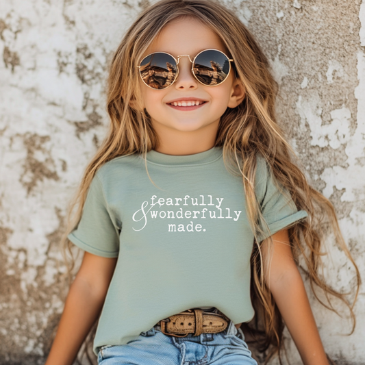 fearfully and wonderfully made quote scripture on youth short sleeve dusty blue tshirt