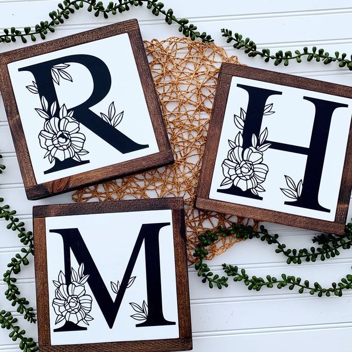 Floral Monogram Letter Framed Wood Sign