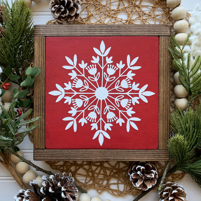 Red Snowflake Framed Wood Sign